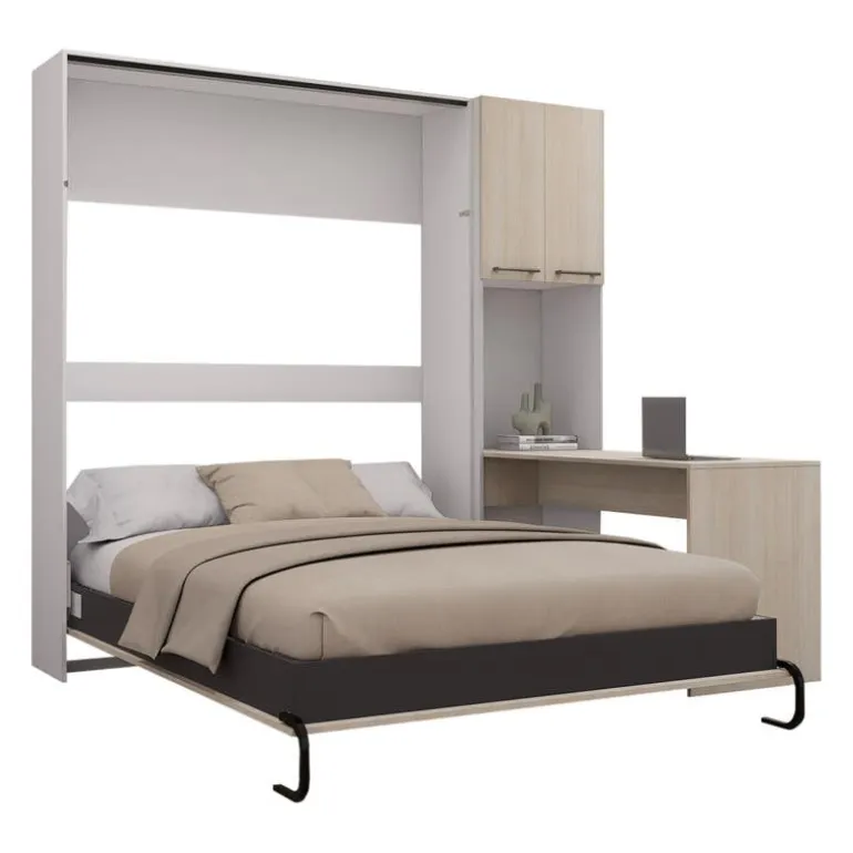 Queen Murphy Bed with Storage Cabinets and Desk - Grey