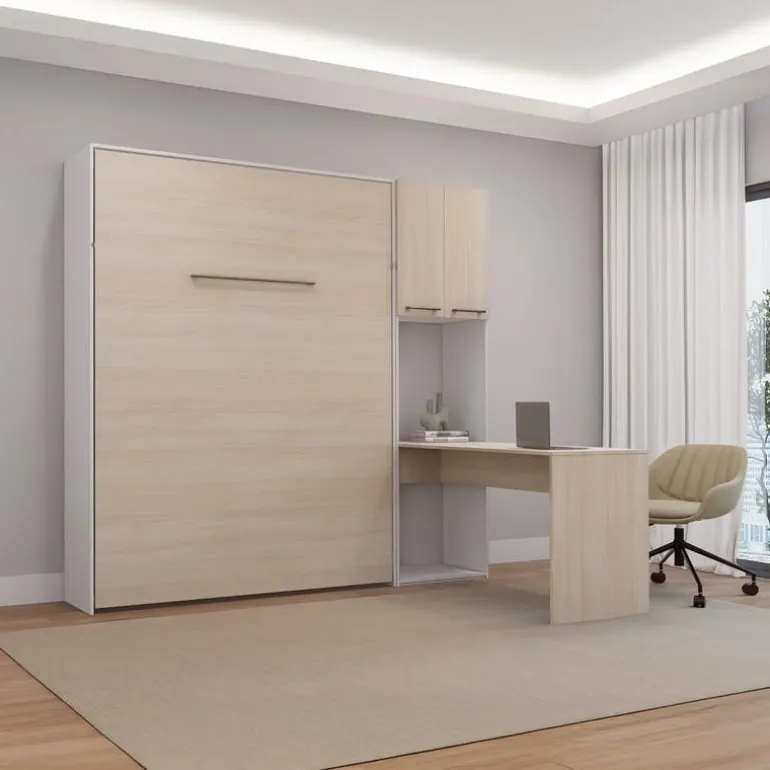 Queen Murphy Bed with Storage Cabinets and Desk - Grey