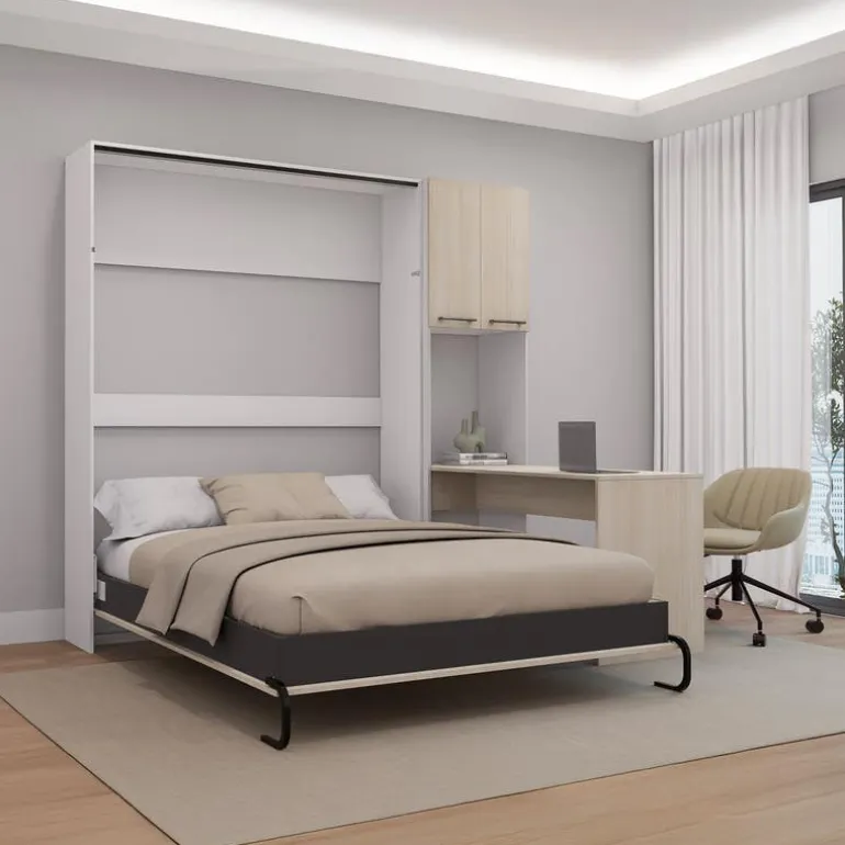 Queen Murphy Bed with Storage Cabinets and Desk - Grey