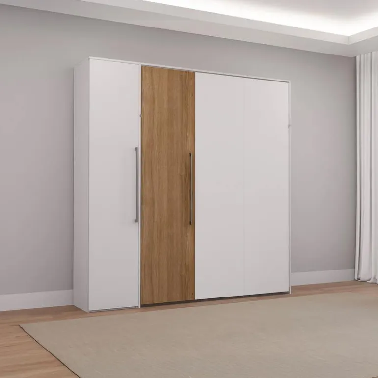 Queen Murphy Bed with Storage Unit - White & Brown