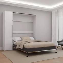 Queen Murphy Bed with Storage Unit - White & Brown