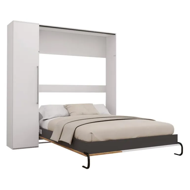 Queen Murphy Bed with Storage Unit - White & Brown