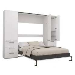 Queen Murphy Bed with Storage Units - White