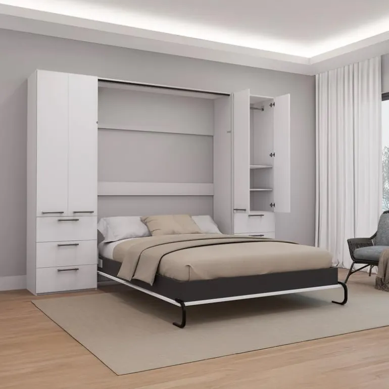 Queen Murphy Bed with Storage Units - White