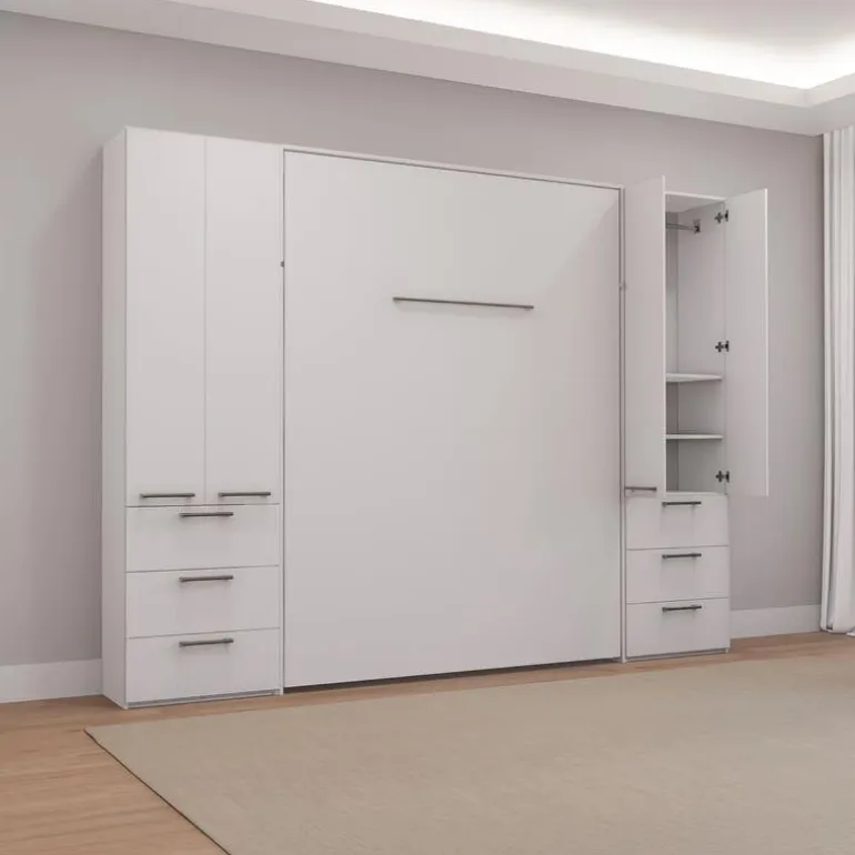 Queen Murphy Bed with Storage Units - White