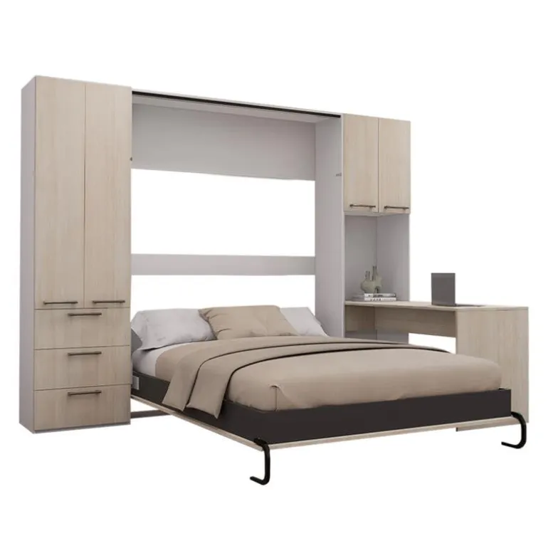 Queen Murphy Bed with Storage Units and Desk - Grey