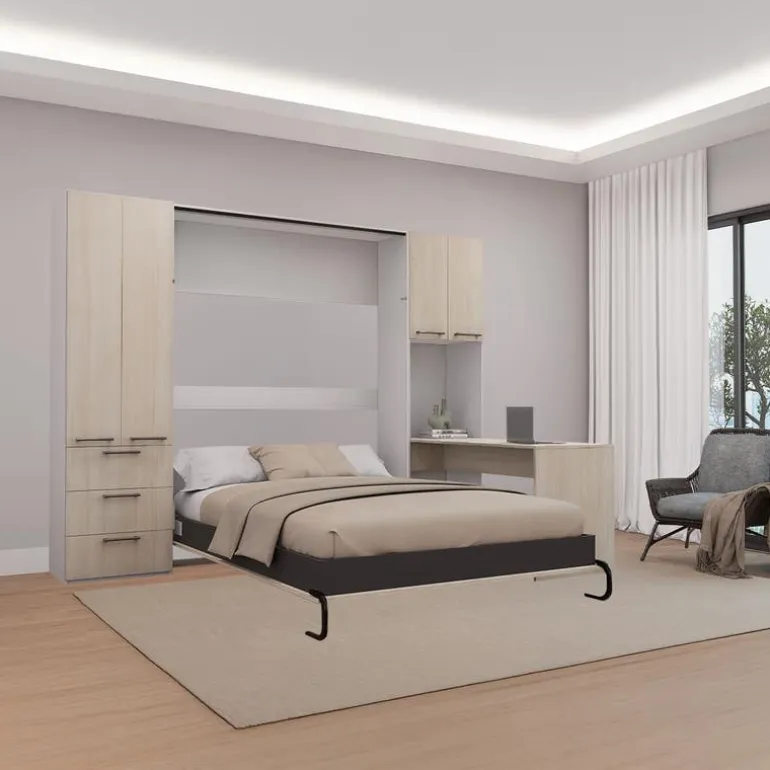 Queen Murphy Bed with Storage Units and Desk - Grey