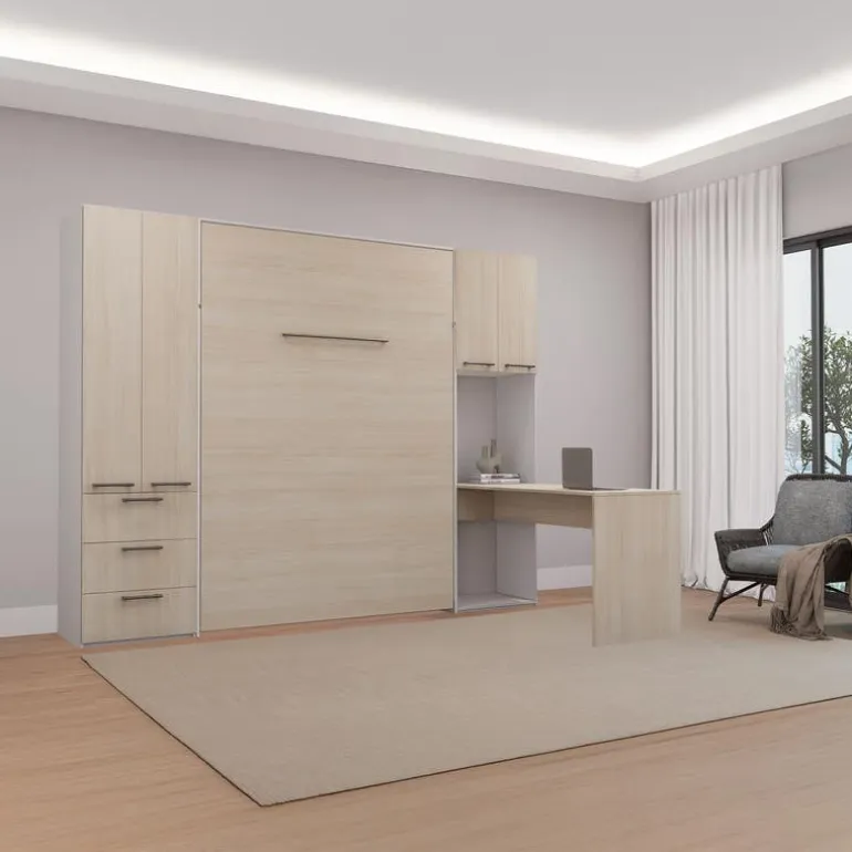 Queen Murphy Bed with Storage Units and Desk - Grey