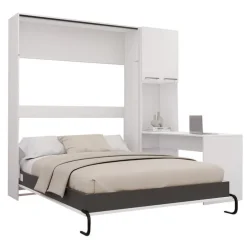Queen Murphy Bed with Storage Cabinets and Desk - White