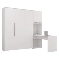 Queen Murphy Bed with Storage Cabinets and Desk - White