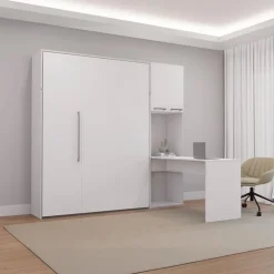 Queen Murphy Bed with Storage Cabinets and Desk - White