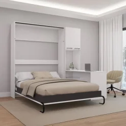 Queen Murphy Bed with Storage Cabinets and Desk - White