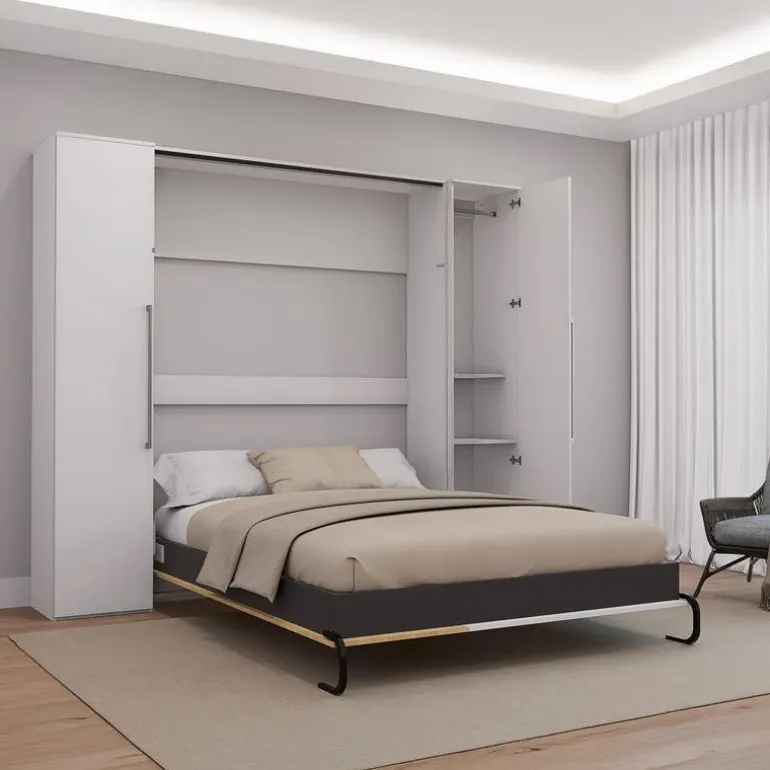 Queen Murphy Bed with Storage Units - White & Natural