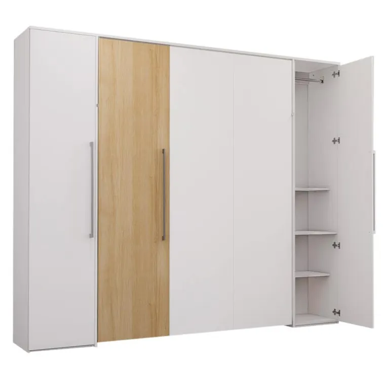 Queen Murphy Bed with Storage Units - White & Natural