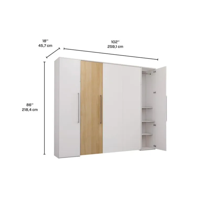 Queen Murphy Bed with Storage Units - White & Natural