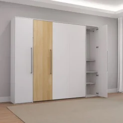 Queen Murphy Bed with Storage Units - White & Natural