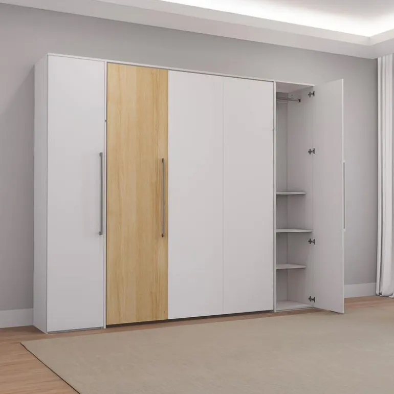 Queen Murphy Bed with Storage Units - White & Natural