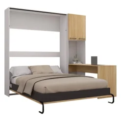 Queen Murphy Bed with Storage Cabinets and Desk - Natural