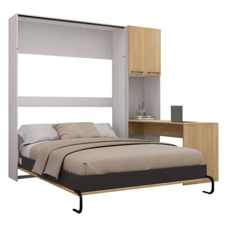 Queen Murphy Bed with Storage Cabinets and Desk - Natural