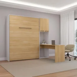 Queen Murphy Bed with Storage Cabinets and Desk - Natural