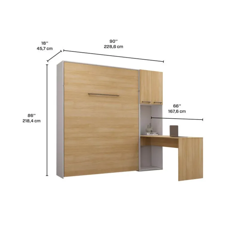 Queen Murphy Bed with Storage Cabinets and Desk - Natural