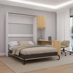 Queen Murphy Bed with Storage Cabinets and Desk - Natural