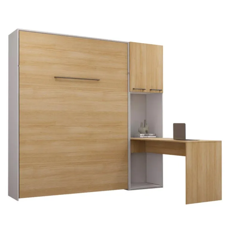 Queen Murphy Bed with Storage Cabinets and Desk - Natural