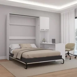 Queen Murphy Bed with Storage Cabinets and Desk - White & Grey