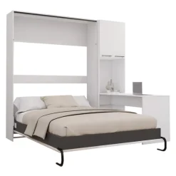 Queen Murphy Bed with Storage Cabinets and Desk - White & Grey