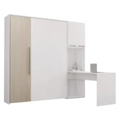 Queen Murphy Bed with Storage Cabinets and Desk - White & Grey
