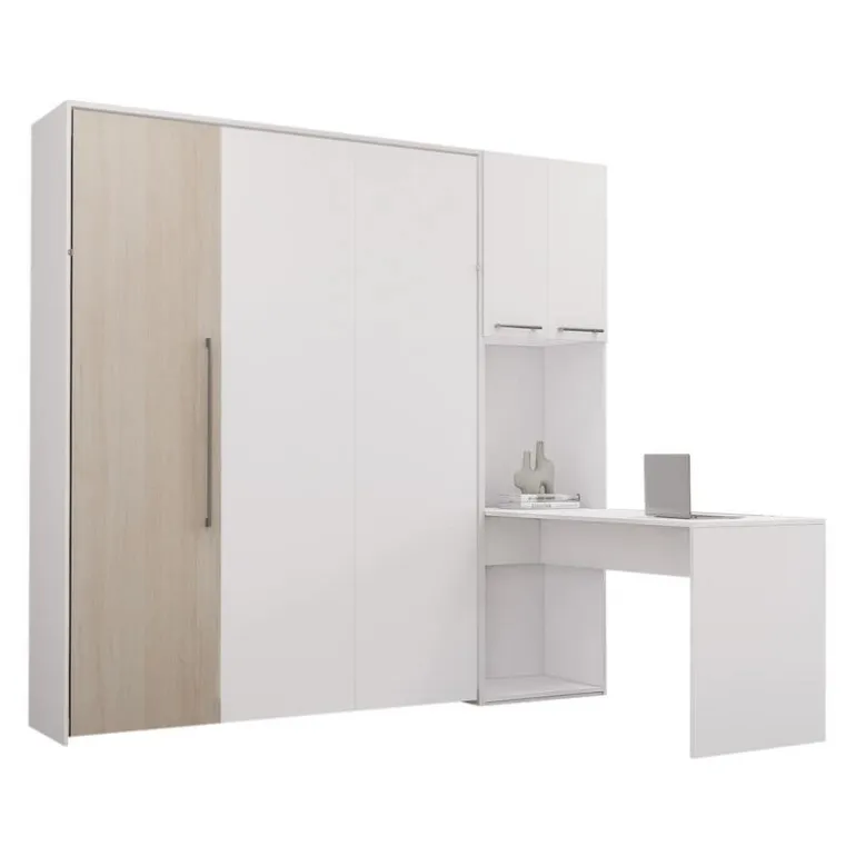 Queen Murphy Bed with Storage Cabinets and Desk - White & Grey