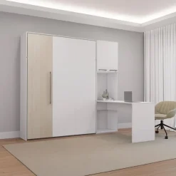 Queen Murphy Bed with Storage Cabinets and Desk - White & Grey