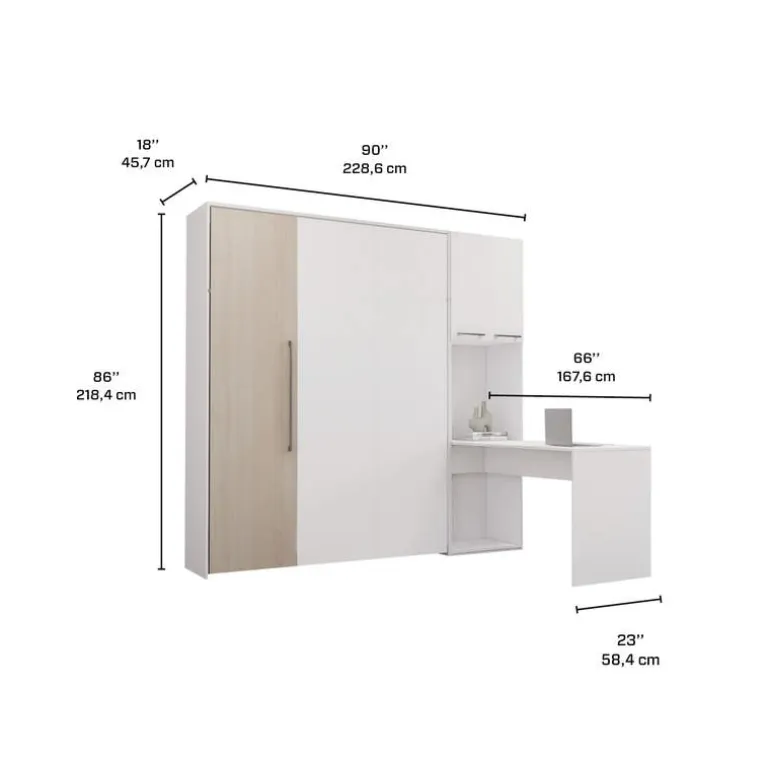 Queen Murphy Bed with Storage Cabinets and Desk - White & Grey