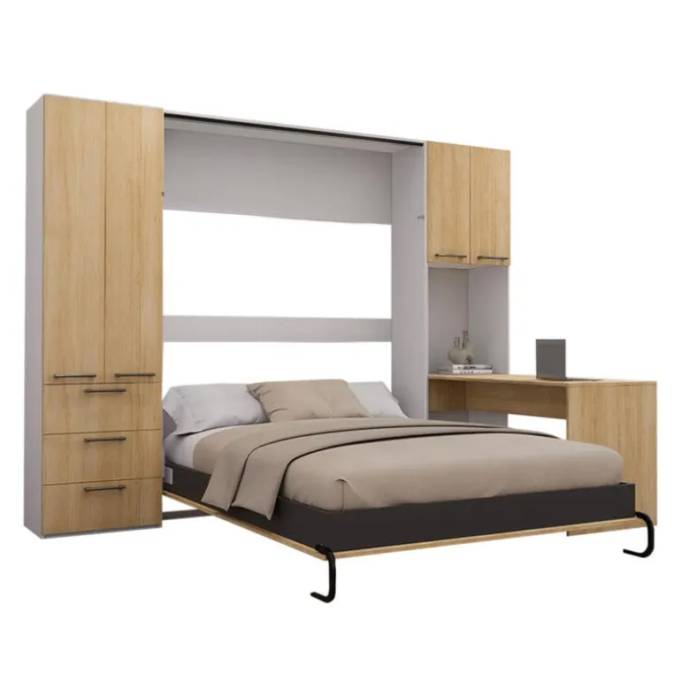 Queen Murphy Bed with Storage Units and Desk - Natural