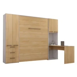 Queen Murphy Bed with Storage Units and Desk - Natural