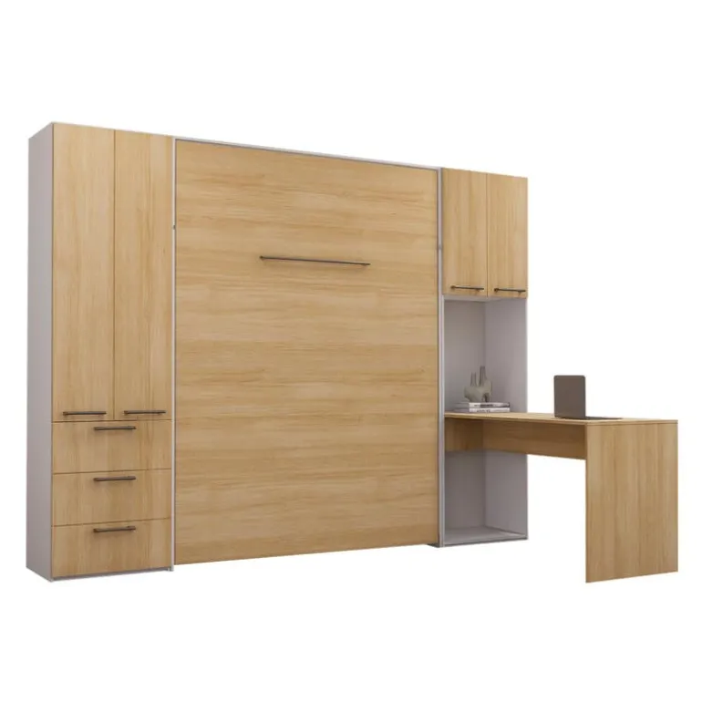 Queen Murphy Bed with Storage Units and Desk - Natural
