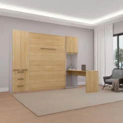 Queen Murphy Bed with Storage Units and Desk - Natural