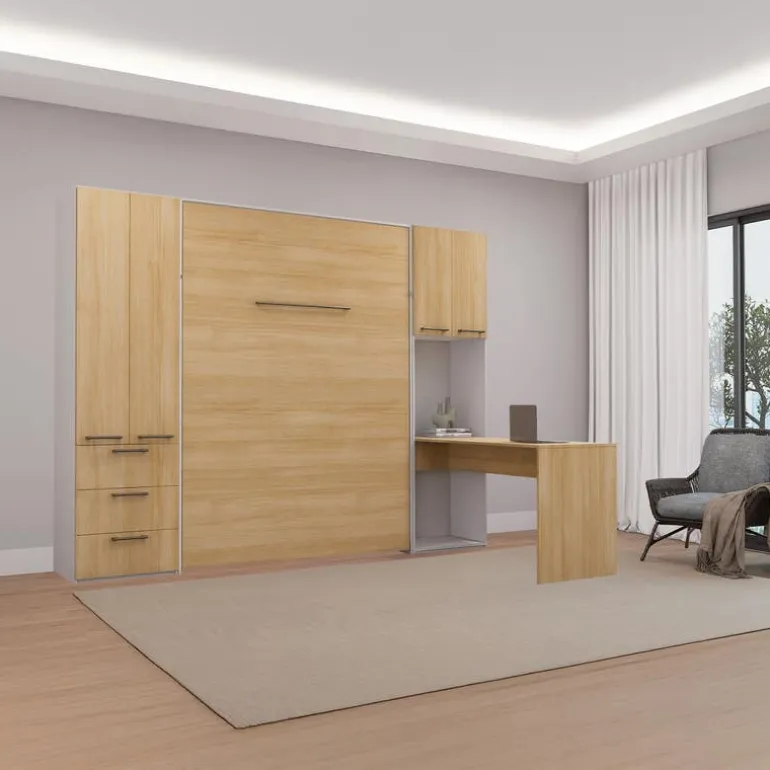 Queen Murphy Bed with Storage Units and Desk - Natural