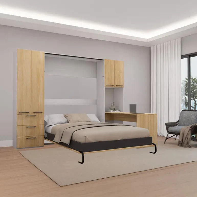 Queen Murphy Bed with Storage Units and Desk - Natural