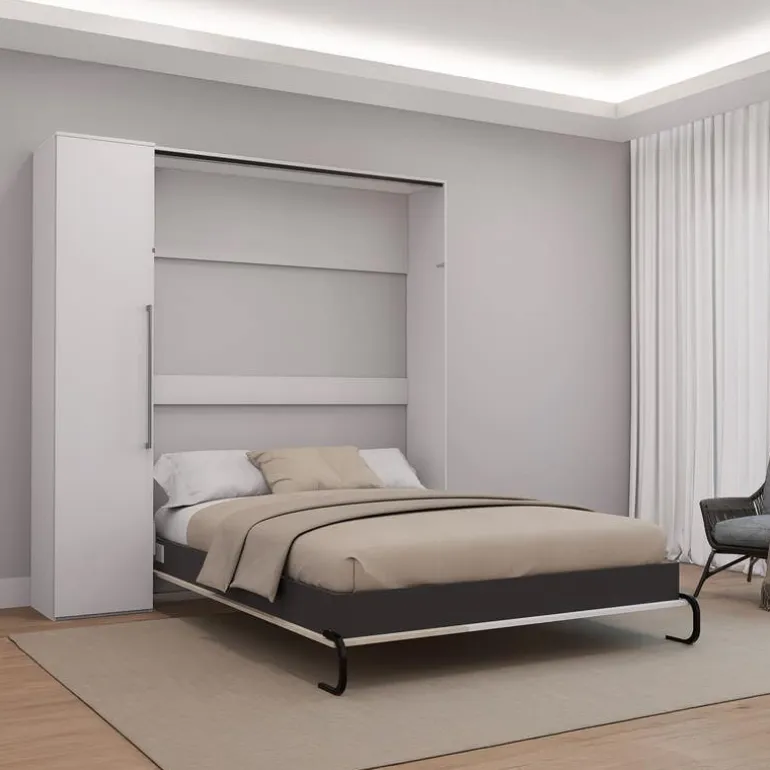 Queen Murphy Bed with Storage Unit - White & Grey