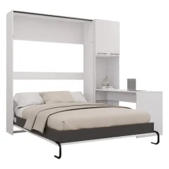 Queen Murphy Bed with Storage Cabinets and Desk - White