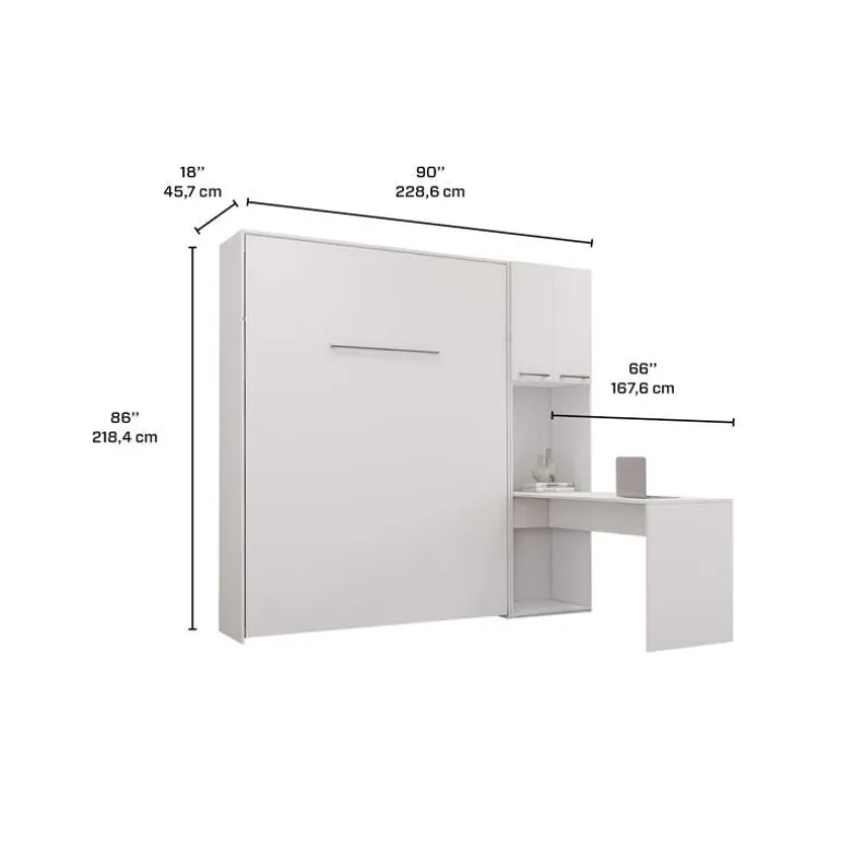 Queen Murphy Bed with Storage Cabinets and Desk - White