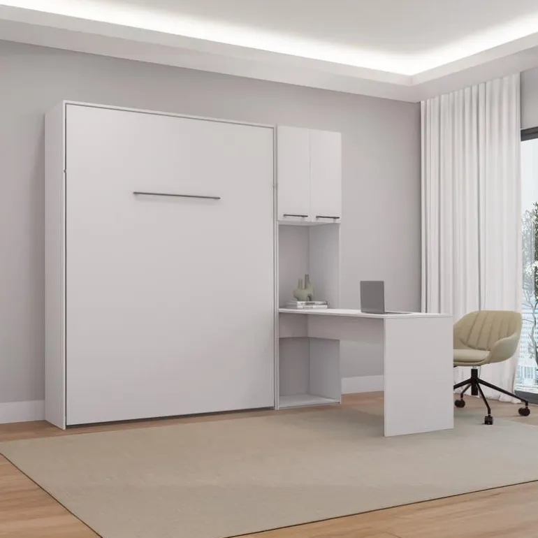 Queen Murphy Bed with Storage Cabinets and Desk - White