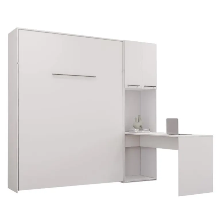 Queen Murphy Bed with Storage Cabinets and Desk - White