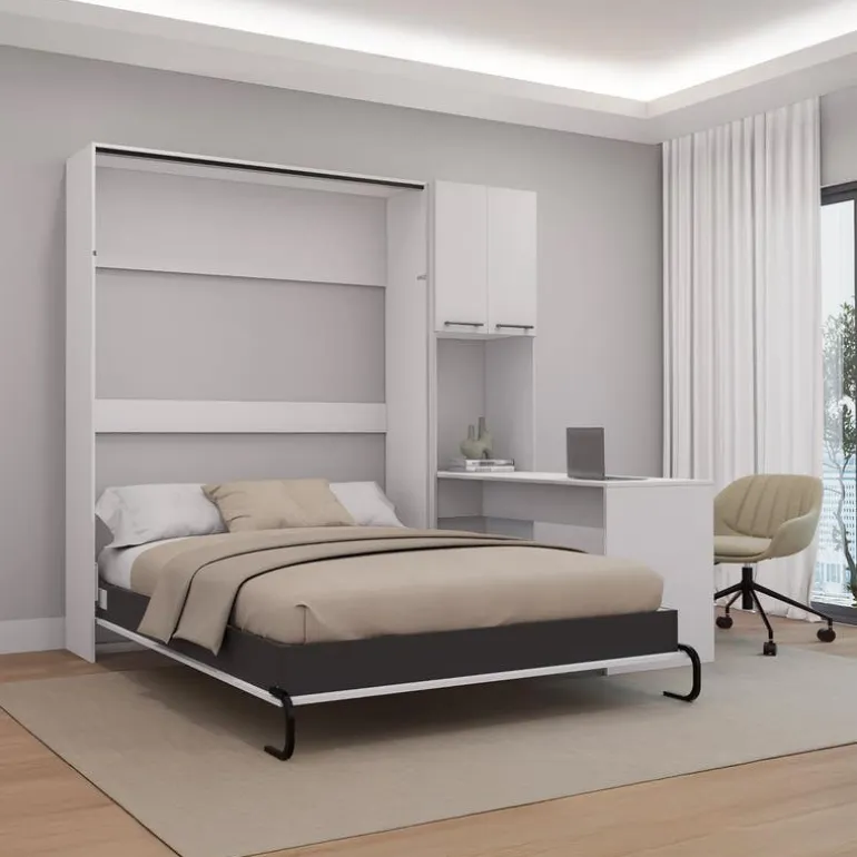 Queen Murphy Bed with Storage Cabinets and Desk - White
