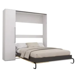 Queen Murphy Bed with Storage Unit - White & Natural