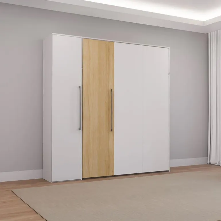 Queen Murphy Bed with Storage Unit - White & Natural