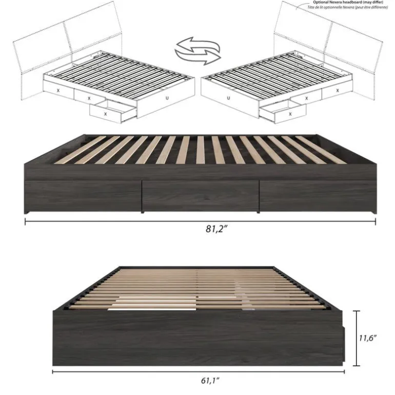 Queen Platform Bed with 3-Drawer Storage (60") - Nexera
