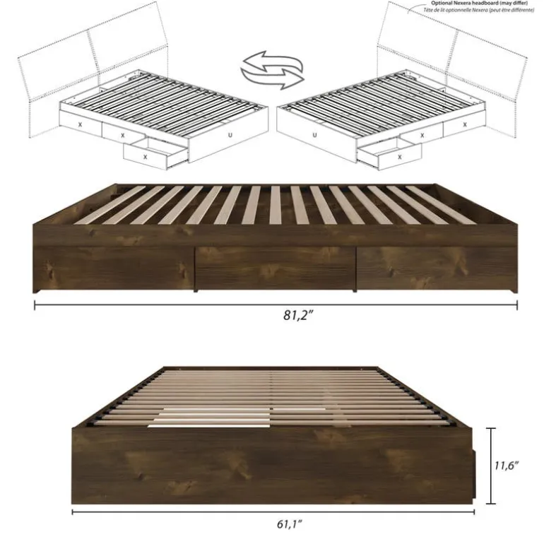 Queen Platform Bed with 3-Drawer Storage (60") - Nexera