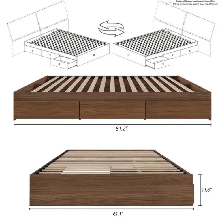 Queen Platform Bed with 3-Drawer Storage (60") - Nexera